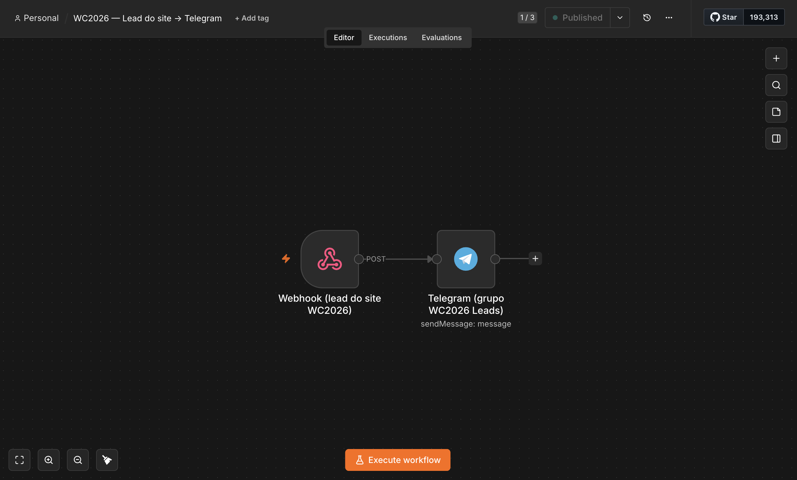 The flow in n8n: a Webhook node connected to a Telegram node.