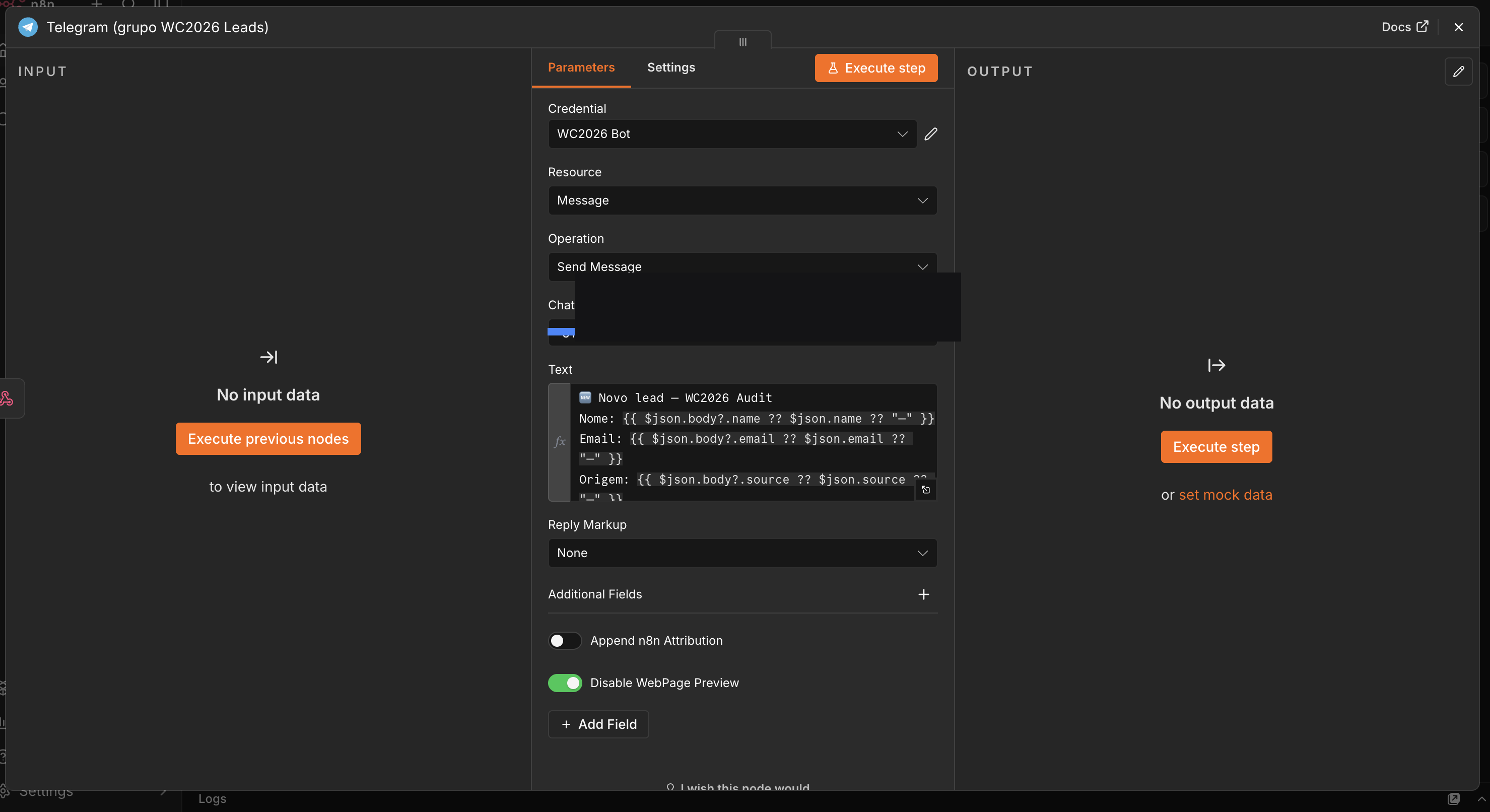 Telegram node configuration in n8n: send message with text that uses the lead's data.