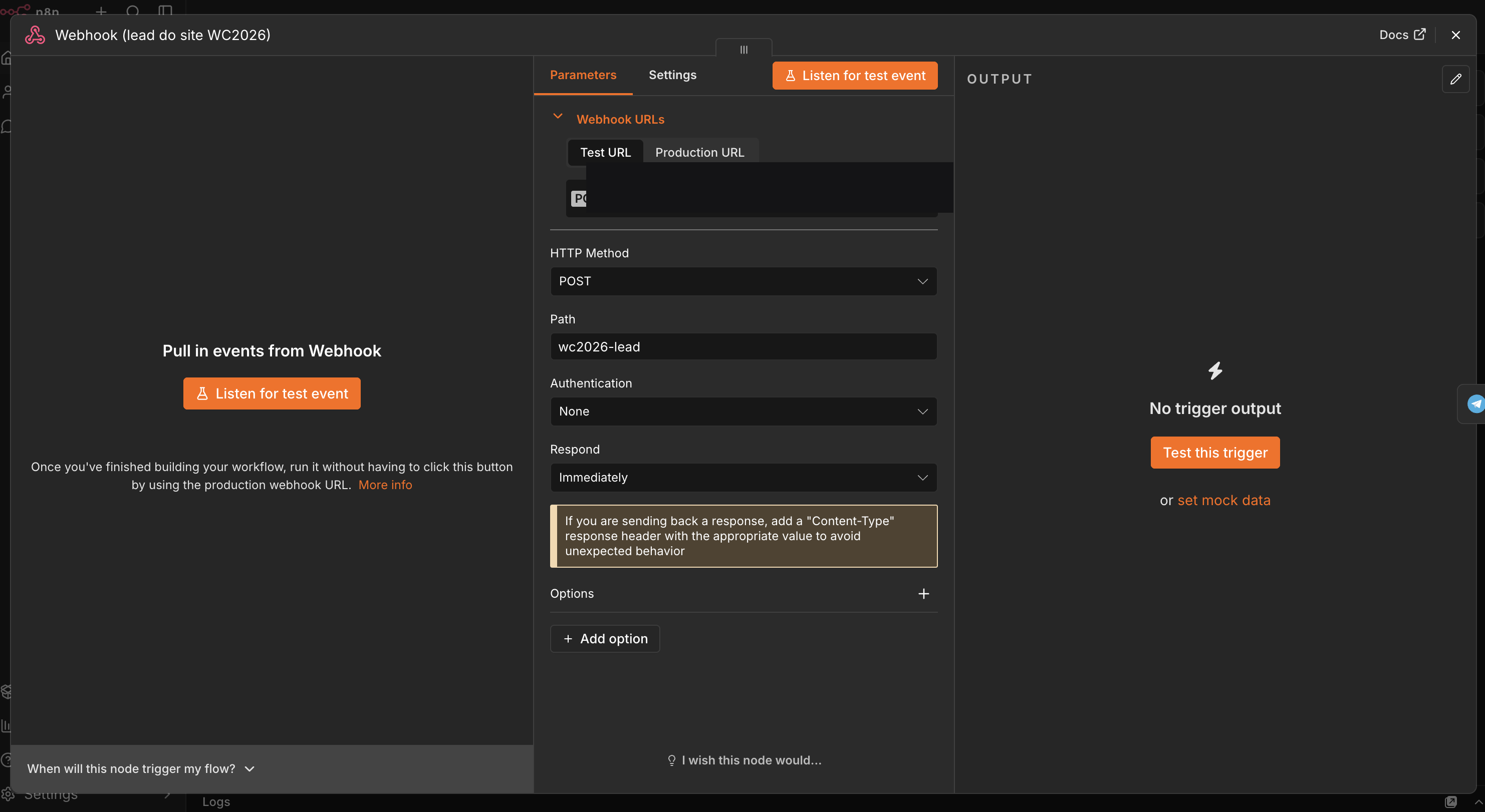 Webhook node configuration in n8n: POST method and a path.